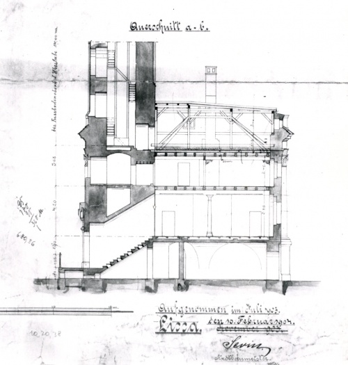 Ratusz. Projekt E.Gevina z 1903 r. Przekrój poprzeczny. (kopia w AWUOZL)