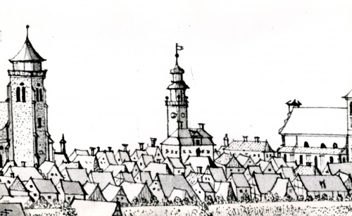 Ratusz leszczyński na panoramie F.B. Wernera z 1740 r. W tym czasie budynek posiadał wysoki, polski dach łamany, którego nigdy już nie odbudowano po pożarze miasta w 1790 r.