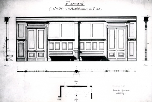 Projekt K. Wittinga z 1891 r. przegrodzenia sieni ratusza przeszkloną ścianą. (kopia w AWUOZL)