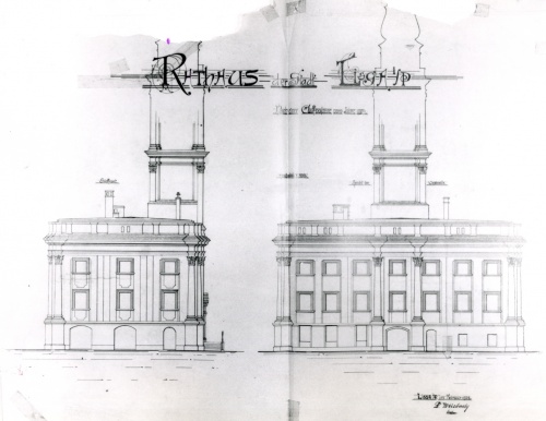 Ratusz. Rysunek elewacji wyk. przez Weisbacha w 1904 r. (kopia w AWUOZL)