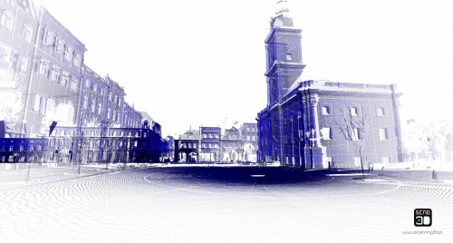 Współczesny obraz leszczyńskiego Ratusza i rynku wygenerowany z tzw. chmury punktów uzyskanej dzięki zastosowaniu skanowania laserowego w technice 3D. (źródło: Firma Scanning 3D Piotr Wełniak)