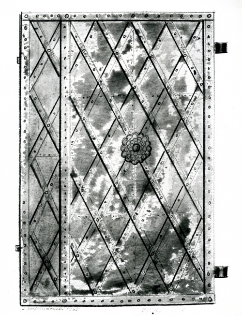 Drzwi żelazne w budynku w Lesznie rynek 7. Rys. Leon Rozpendowski 1965 r. (kopia w AWUOZL)