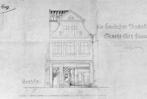 Leszno. Kamienica Rynek 7. Projekt z 1907 r. na zmianę wyglądu okna wystawowego. (kopia w AWUOZL)
