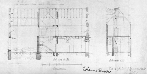 Leszno. Kamienica Rynek 7. Projekt z 1907 r. przebudowy budynku na poszerzenie lokalu handlowego kosztem barokowej sieni oraz likwidacja sklepień. (kopia w AWUOZL)