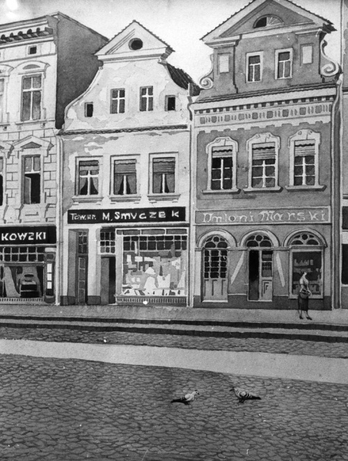 Leszno. Kamienica Rynek nr 8. Widok fasady domu z 1925, przed przebudową na akwareli K. Nebenstreita. (kopia w AWUOZL) , zdjęcie nr 2