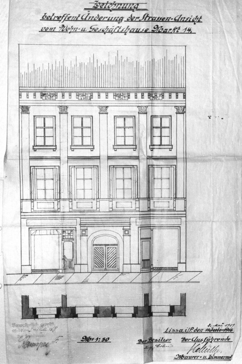 Leszno. Kamienica Rynek 14. Projekt z 1918 r. na przekształcenie elewacji frontowej. (kopia w AWUOZL)