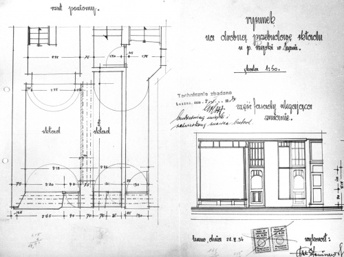 Leszno. Kamienica Rynek 14. Projekt z 1923 r. na przebudowę przyziemia budynku oraz zmiany w elewacji frontowej. (kopia w AWUOZL)
