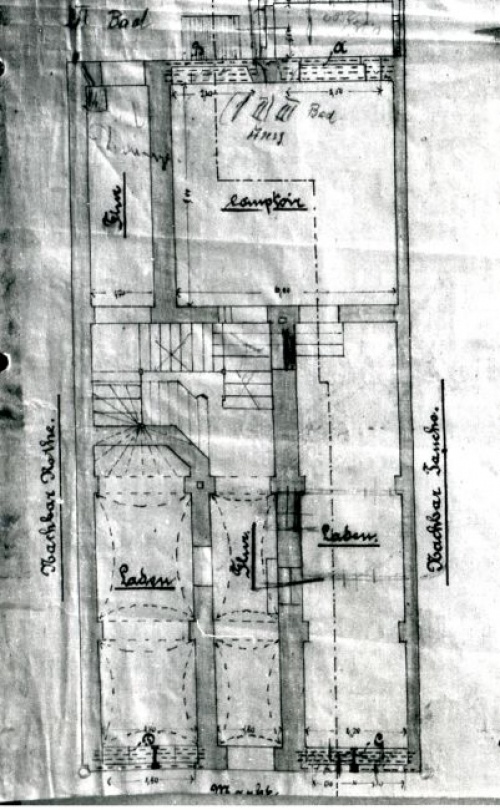 Leszno. Kamienica Rynek 22. Projekt E. Steina z 1890 r. na przebudowę przyziemia budynku (fragment). (kopia w AWUOZL)