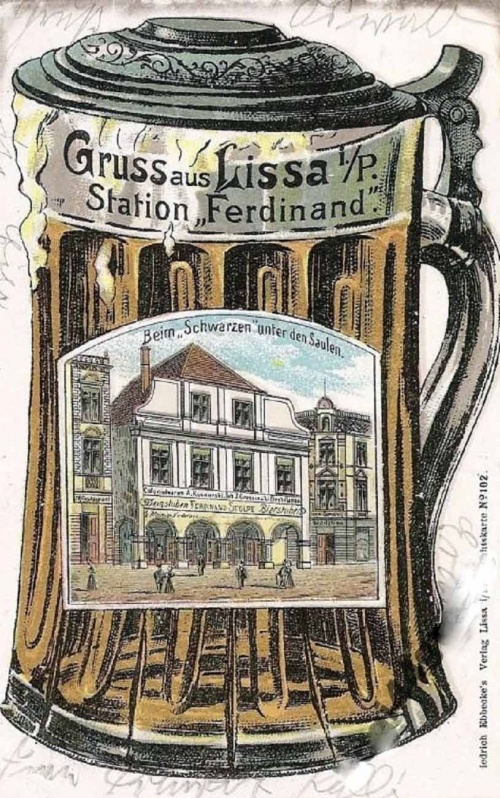 Leszno. Kamienica Rynek nr 29. Pocztówka z początku XX w. reklamująca gospodę w najstarszym domu w mieście.