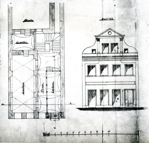 Leszno. Kamienica Rynek 32. Projekt W. Nergera z 1889 r., na przebudowę przyziemia budynku frontowego i zmiany okna wystawowego. Na rysunku widoczne pierwotne sklepienia krzyzowe i żaglaste, później zniesione. (kopia w AWUOZL)