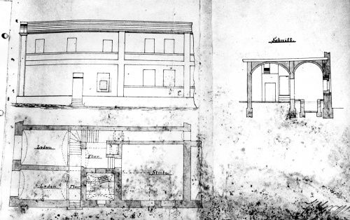 Leszno. Kamienica Rynek 38. Projekt H. Nergera z 1889 r. na przebudowę środkowego traktu domu frontowego.  W pierwszym trakcie zaznaczono wtórnie założone sklepienia kolebkowe w miejsce krzyżowych. (kopia w AWUOZL)