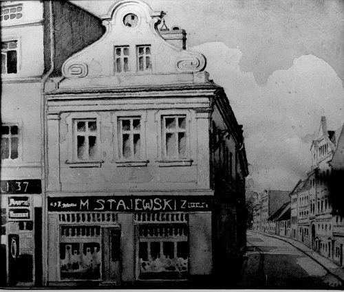 Akwarela Hebenstreita z 1928 r. przedstawiająca budynek w okresie działalności zakładu zegarmistrzowskiego.