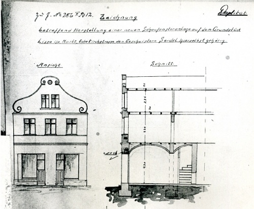 Leszno. Kamienica Rynek 38. Projekt H. Nergera z 1912 r. na nowe okno wystawowe. (kopia w AWUOZL)