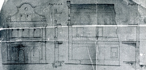 Leszno. Kamienica Rynek 38. Projekt H. Nergera z 1881 r. na przebudowę wejścia do lokalu handlowego. Na rysunku uwidoczniony pierwotny wyglad przyziemia barokowego domu. (kopia w AWUOZL)