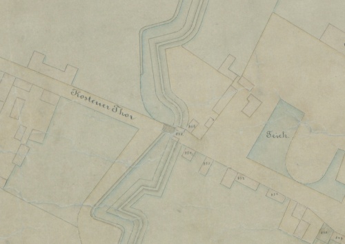 Fragment z planu miasta Leszna wyk. po 1790 r. przedstawiajacy wałyi ziemne w rejonie bramy Kościańskiej. (APL), zdjęcie nr 9