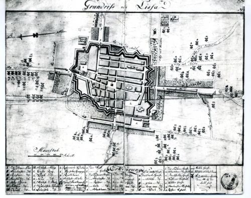 Plan miasta Leszna z początku XIX w. Widoczny pełen przebieg fortyfikacji. (oryginał zaginiony, kopia w AWUOZL)