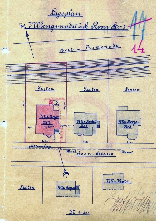 Fragment projektu z p. XX w. przyłącza kanalizacyjnego do willi  nr 7 przy ul. Paderewskiego. Widoczny przebiegający wał ziemny dawnych fortyfikacji i promenada północna w miejscu dawnej fosy., zdjęcie nr 18