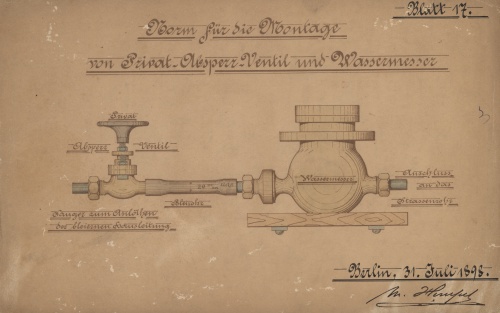 Schemat przyłącza wodociągowego z 1898 r., przedstawiający zasuwę oraz licznik wody. (APL)