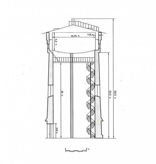 Wieża posiada masywny ceglany cokół (śr. zewnętrzna ok. 13,6 m, wewnętrzna 10,1 m), odcięty od trzonu pasem granitowego gzymsu. Na wysokości ok. 23 m trzon przechodzi w głowicę, wspartą na arkadkowym gzymsie konsolowym z bloków granitowych. Ca