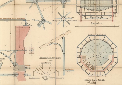 Hempel projektował wysokość wieży na ok. 35 m, a pojemność nitowanego zbiornika wody, umieszczonego na wysokości ok. 26 m, miała wynieść 400 m3. (APL)