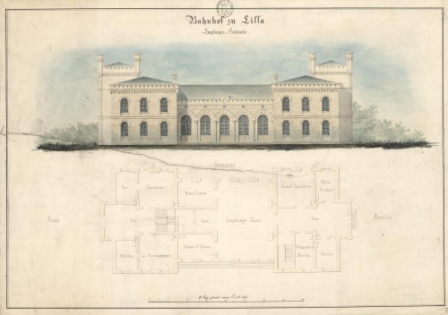 Budynek dworca kolejowego w Lesznie uruchomionego w 1856 r. wsniesiony został w stylu posiadającym cechy neogotyckie i arkadowe (niem. Rundbogenstil). (projekt w APL), zdjęcie nr 1