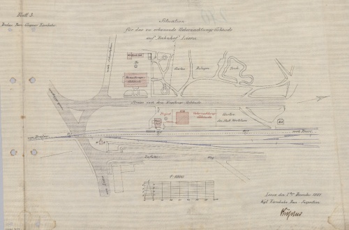 Plan sytuacyjny z 1881 r. przedstawiający okolice dworca kolejowego w Lesznie. Widoczne m.in. pierwsze budynki infrastruktury technicznej i jedno torowisko wiodące w kierunku Wrocławia. (APL), zdjęcie nr 4
