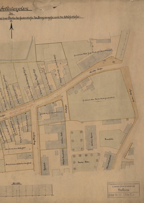 Plan przedstawiający fragment zabudowy miasta Leszna, na którym widoczna jest północna część koszar artylerii polowej. (pocz. XX w., APL)