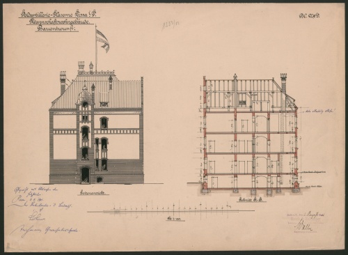 Blok koszarowy przy ul. Dąbrowskiego, rzut i elewacja południowa. (1901 r., APL)