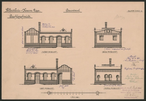 Zespół koszar składał się z wielu budynków zapewniających wojsku niezależne i wygodne funkcjonowanie. Projekt kuźni. (1901 r., APL)