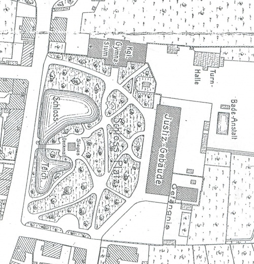 Najbliższe otoczenie Gimnazjum Królewskiego w Lesznie, widoczny budynek szkolny, hala gimnastyczna oraz basen pływacki. (plan Leszna z 1908 r.), zdjęcie nr 1