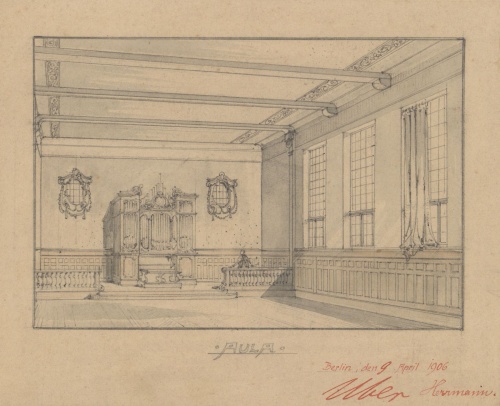 Wizualizacja wystroju auli budynku, dołączona do projektu z 1906 r. (APL)