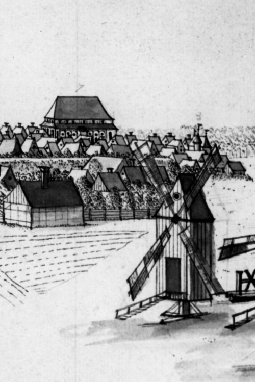 Kościół luterański w Lesznie na panoramie miasta wykonanej przez F.B. Wernera ok. 1730 r.