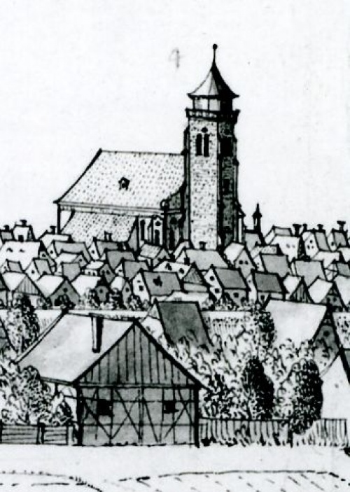 Kościół św. Jana na rysunku F.B.Wernera z 1730 r. Od tego czasu wygląd świątyni nie uległ poważniejszym zmianom.