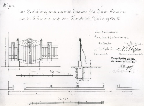 Projekt secesyjnego ogrodzenia posesji przy pl. dr J. Metziga w Lesznie. (1913 r., kopia w AWUOZL)