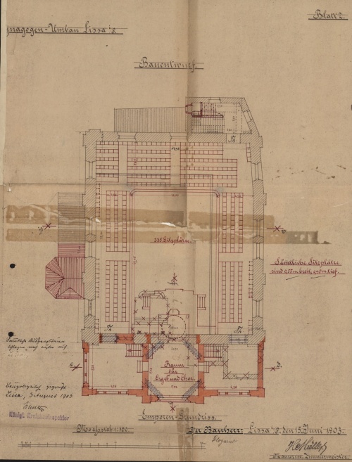 Synagoga w Lesznie. Rzut na poziomie empor. (1904 r., APL), zdjęcie nr 4